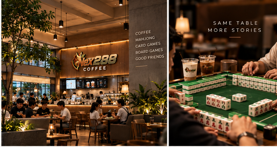 Suasana hangat NEX288 Coffee dengan minuman kopi dan meja permainan