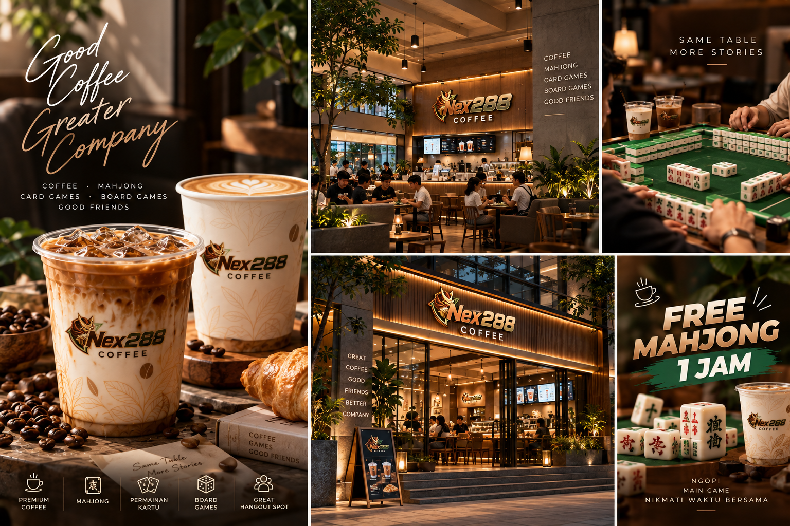 Suasana hangat NEX288 Coffee dengan kopi dan area berkumpul